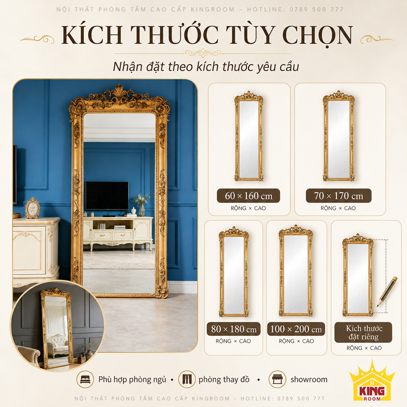 Kích thước gương cổ điển toàn thân GCT04 từ 60x160 đến 100x200cm