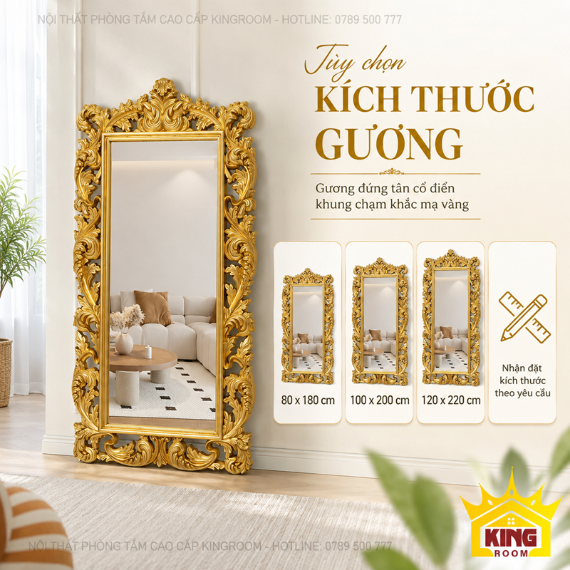 Kích thước gương cổ điển toàn thân GCT06 80x180 100x200 và 120x220cm