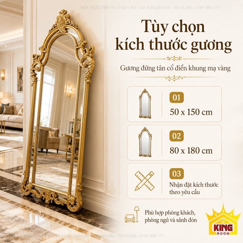 Kích thước gương cổ điển toàn thân GCT07 50x150 và 80x180cm