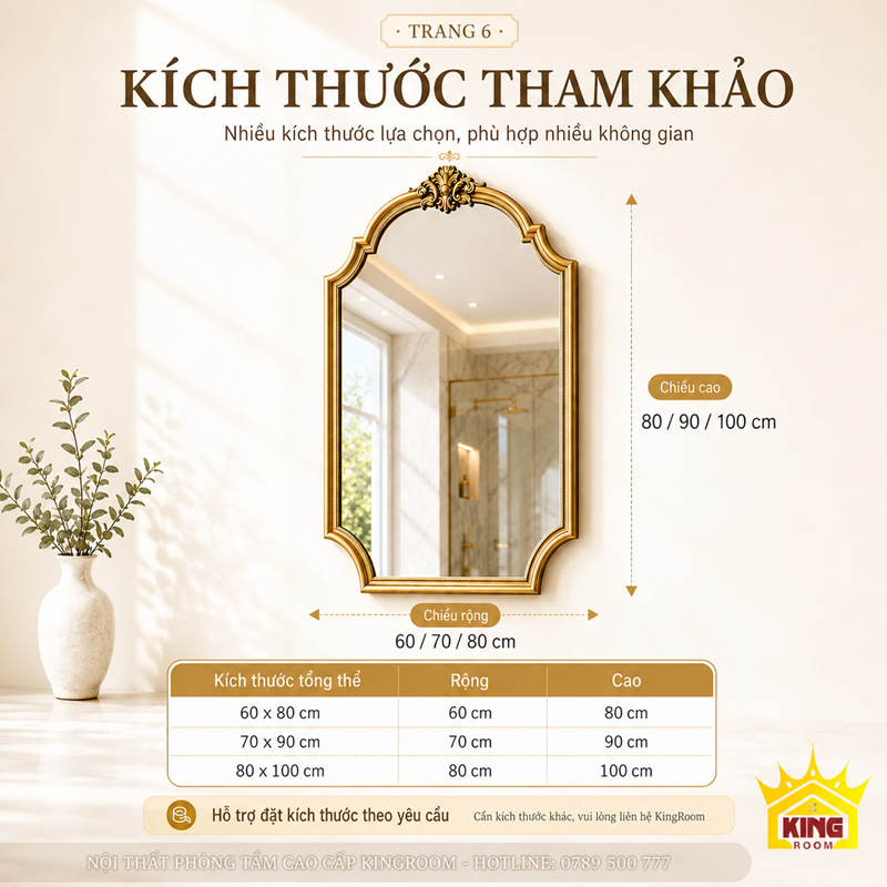 Kích thước gương phòng tắm khung vàng cổ điển 60x80 70x90 80x100