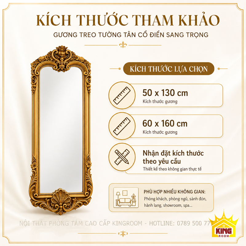 Kích thước Gương Soi Toàn Thân Cổ Điển Khung Vàng GCT11