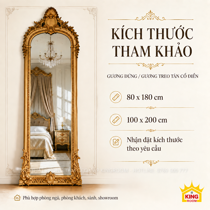 Kích thước gương soi toàn thân cổ điển GCT13 80x180 và 100x200cm