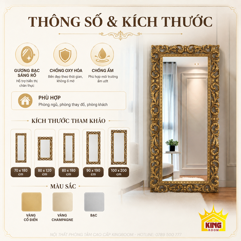 Kích thước gương toàn thân cổ điển GTT01 và các màu khung lựa chọn