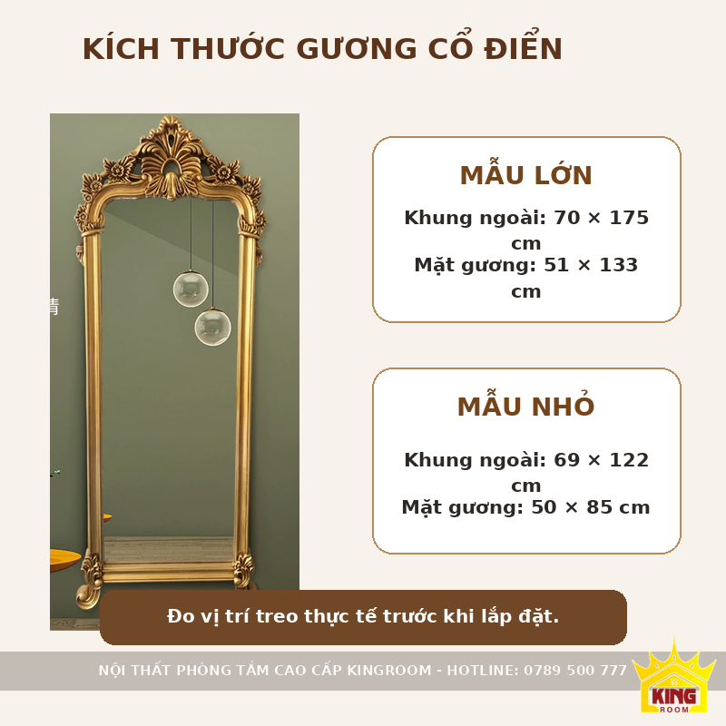 Kích thước gương toàn thân cổ điển V175 mẫu 70x175 và 69x122 cm