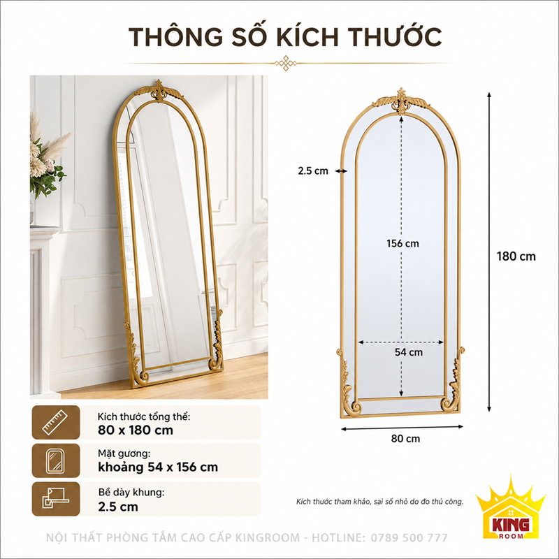 Kích thước gương toàn thân cổ điển dáng vòm GTT02 80x180cm