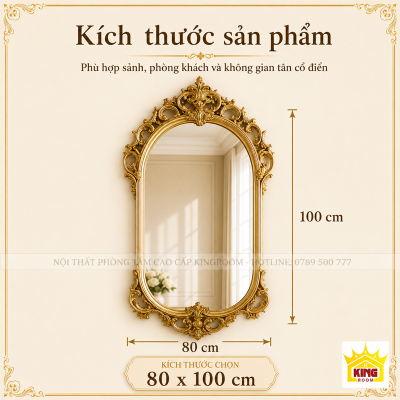 Kích thước mẫu gương đẹp dáng vòm khung vàng 80x100cm
