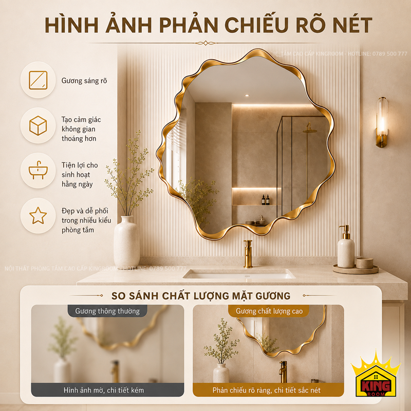 Mặt gương phòng tắm phản chiếu rõ nét tại khu vực lavabo