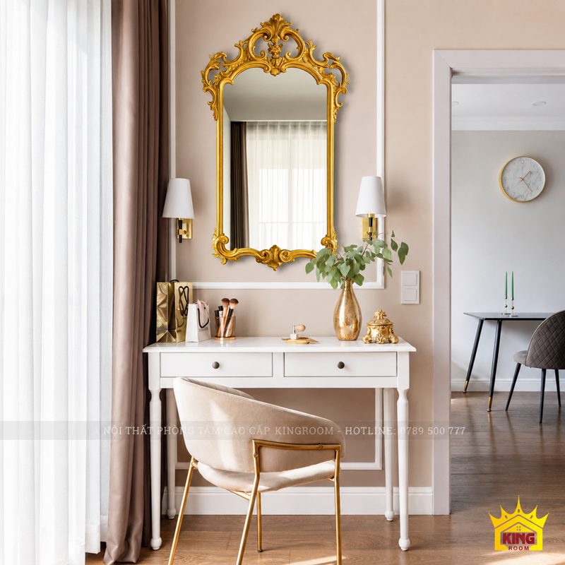 Mẫu gương đẹp phòng khách hoa văn cổ điển trên nền tường sáng