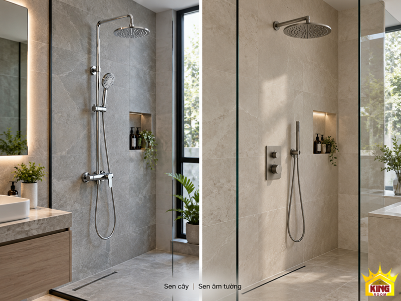 So sánh sen cây lắp nổi và vòi sen âm tường trong phòng tắm