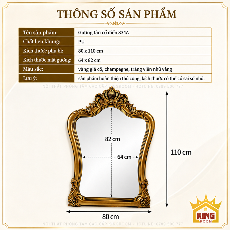 Thông số kích thước gương cổ điển phòng tắm 834A 80x110cm
