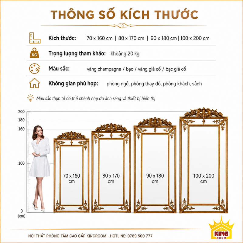 Thông số kích thước gương toàn thân cổ điển A170 các mẫu 70x160 80x170 90x180 100x200 cm