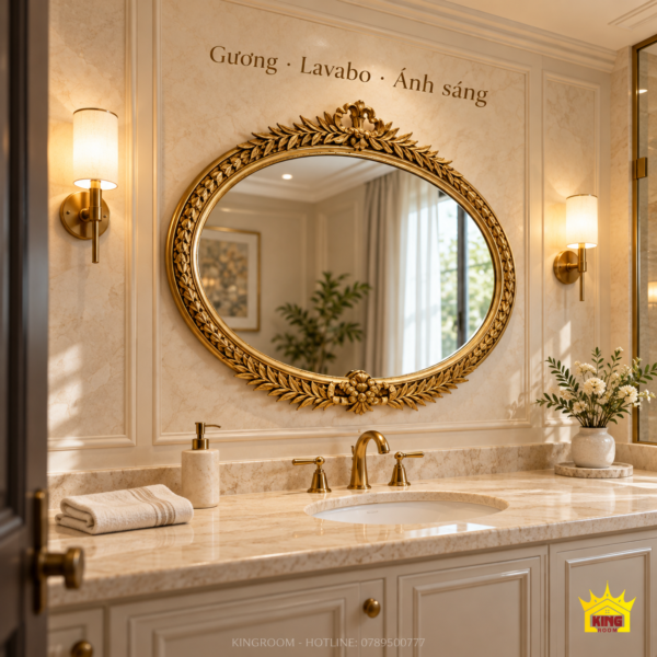 Gương oval ngang khung vàng bố trí phía trên lavabo, có đèn ở hai bên