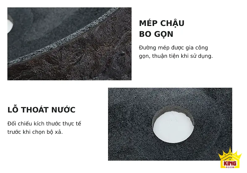 Chi tiết mép chậu và lỗ thoát nước Mép bo gọn và lỗ thoát nước của chậu lavabo đá cuội xám đen