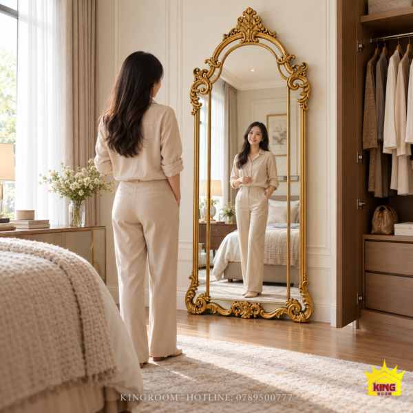 Người mặc trang phục thường ngày đứng soi toàn thân trước gương cạnh tủ quần áo mở