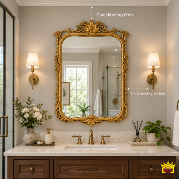 Gương chữ nhật bo góc với khoảng trống giữa hoa văn đỉnh, trần và đèn hai bên