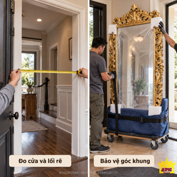 Hai cảnh minh họa đo cửa ra vào và bảo vệ góc khung gương lớn trên xe đẩy có đệm