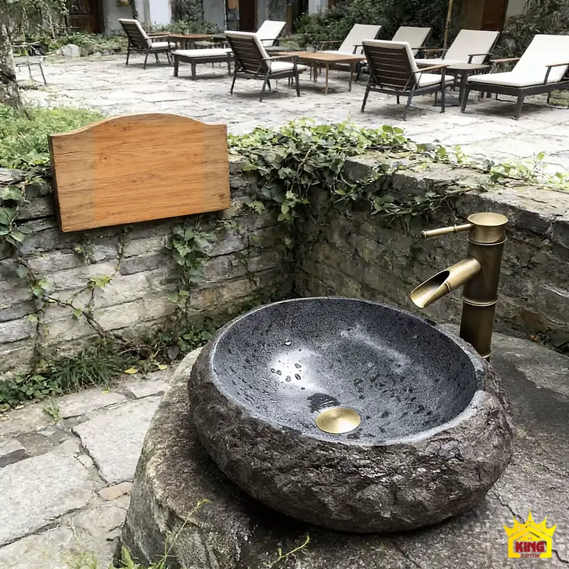 Góc rộng lavabo đá cuội tự nhiên đặt bàn Chậu đá cuội oval xám đen trên bệ đá cạnh sân vườn và vòi tông đồng