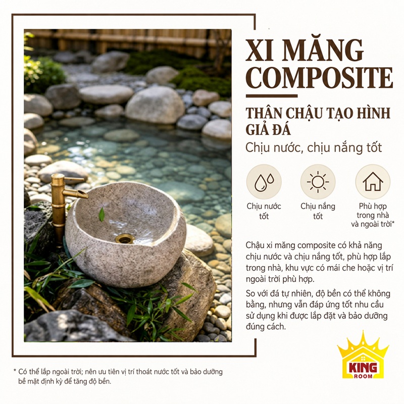Gợi ý bố trí chậu lavabo xi măng giả đá cuội tại khu vực rửa tay sân vườn