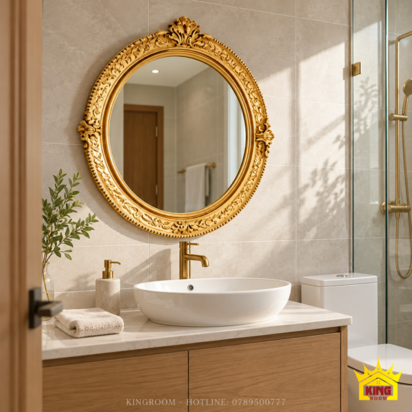 Gương tròn khung vàng phía trên lavabo trong phòng tắm có tủ gỗ và tường gạch sáng