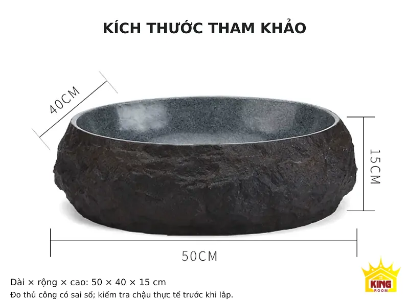 Kích thước tham khảo chậu đá cuội 50 x 40 x 15 cm Kích thước tham khảo lavabo đá cuội oval dài 50 rộng 40 cao 15 cm