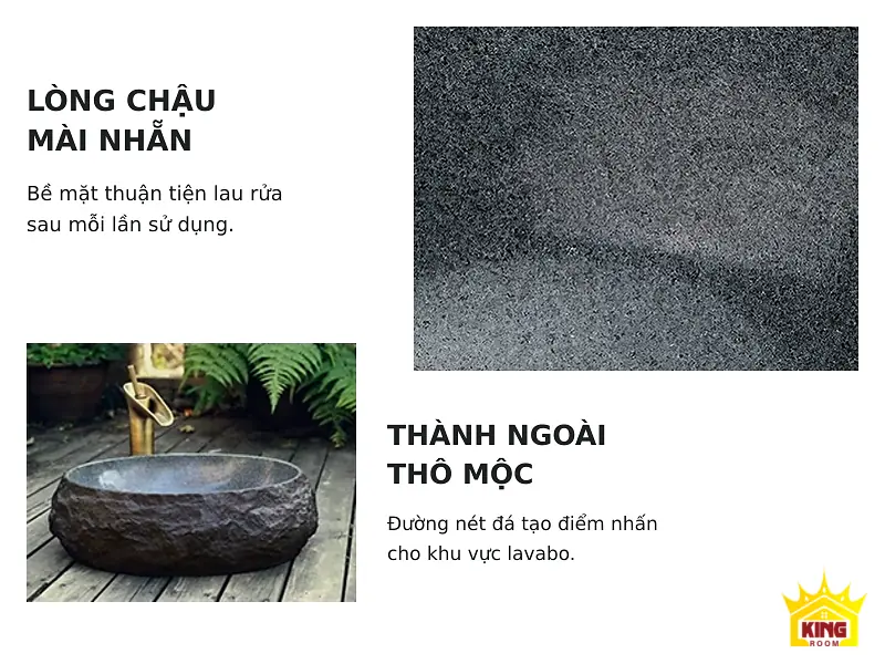 Lòng chậu và thành ngoài lavabo đá cuội Ảnh Việt hóa minh họa lòng chậu mài nhẵn và thành ngoài thô mộc