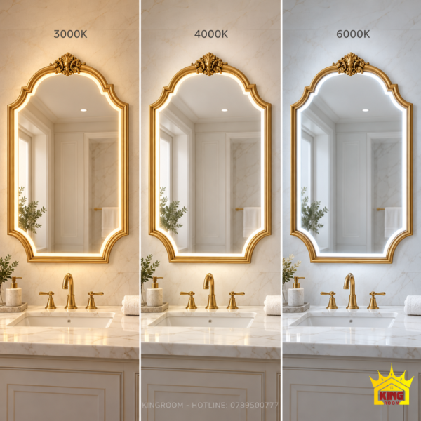 Ba bối cảnh gương LED so sánh ánh sáng trắng ấm 3000K, trung tính 4000K và trắng lạnh 6000K