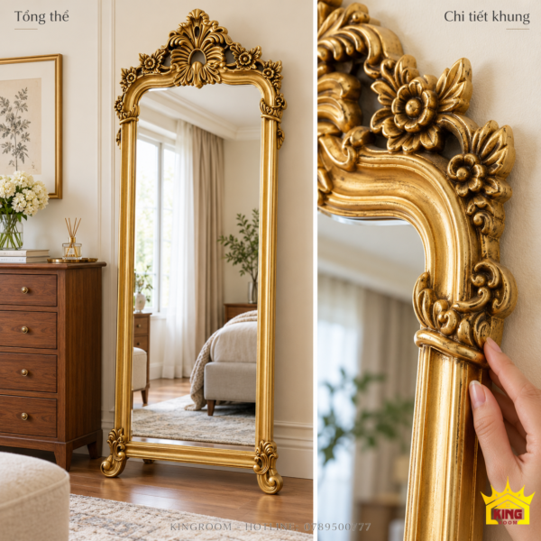 Gương toàn thân khung vàng với ảnh tổng thể và ảnh cận cảnh hoa văn, độ dày mép khung