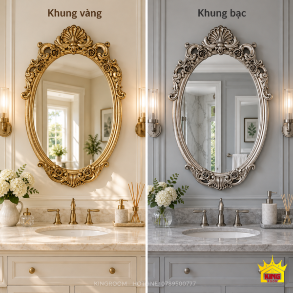 Hai bối cảnh phòng tắm minh họa khung gương vàng với tông ấm và khung bạc với tông xám