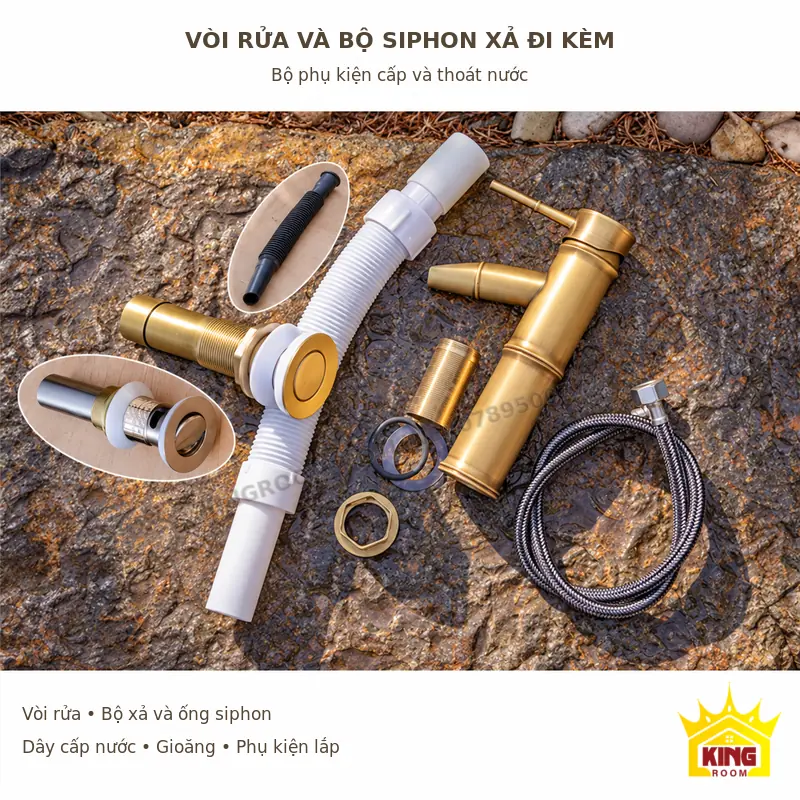 Vòi rửa và bộ siphon xả đã gồm trong bộ Vòi rửa tông đồng, bộ xả, ống siphon màu trắng, dây cấp nước và gioăng đi kèm lavabo