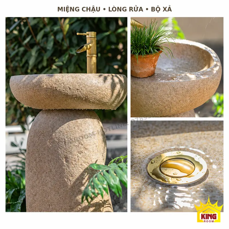 Miệng chậu, lòng rửa và bộ xả Chi tiết miệng bo tròn, lòng rửa và bộ xả tông đồng của chậu lavabo đá cuội tự nhiên