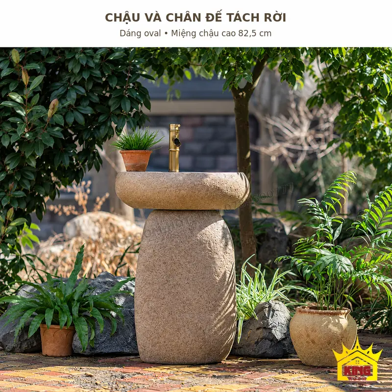 Chậu oval và chân đế tách rời Lavabo đá cuội tự nhiên dạng chậu oval đặt trên chân đế riêng, miệng chậu cao 82,5 cm