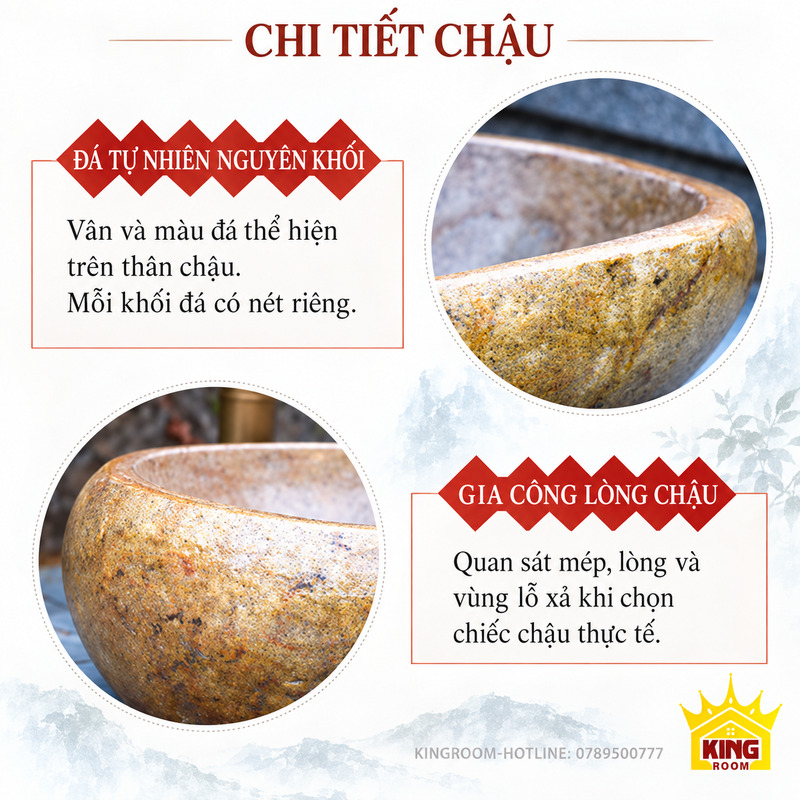 Chi tiết mép và thành của chậu lavabo gia công từ đá cuội tự nhiên nguyên khối