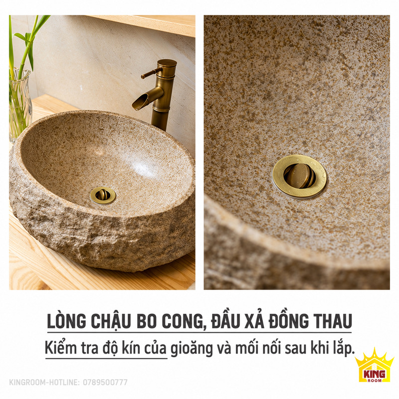 Cận cảnh lòng chậu composite giả đá cuội và đầu xả đồng thau