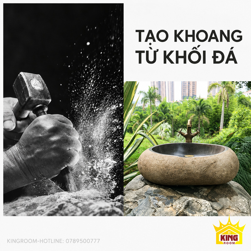Hình minh họa công đoạn gia công đá và chậu đá cuội dáng tam giác đã tạo lòng rửa