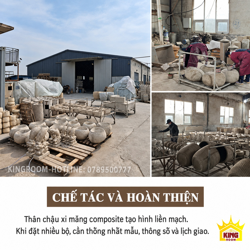 Khu vực gia công và tập kết các mẫu chậu xi măng composite tạo hình giả đá
