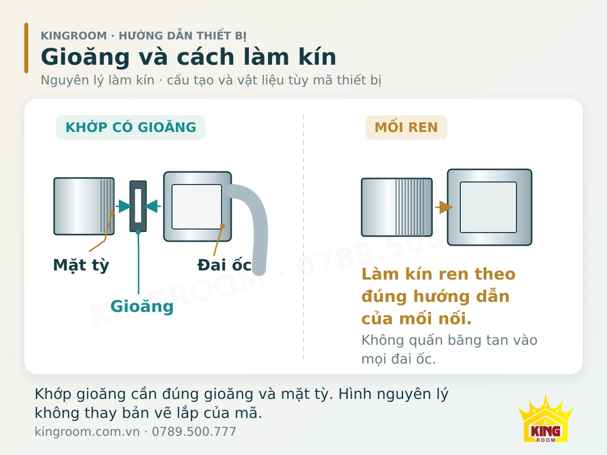 Sơ đồ nguyên lý khớp dây sen có gioăng và mối ren cần cách làm kín theo hướng dẫn