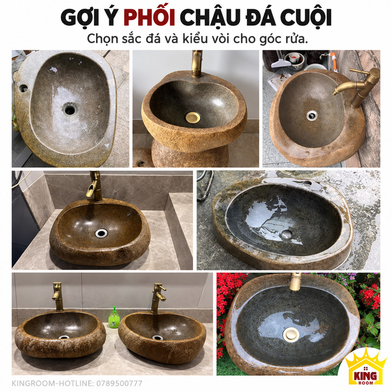 Ảnh ghép các kiểu chậu đá cuội và cách phối vòi trong nhiều góc rửa