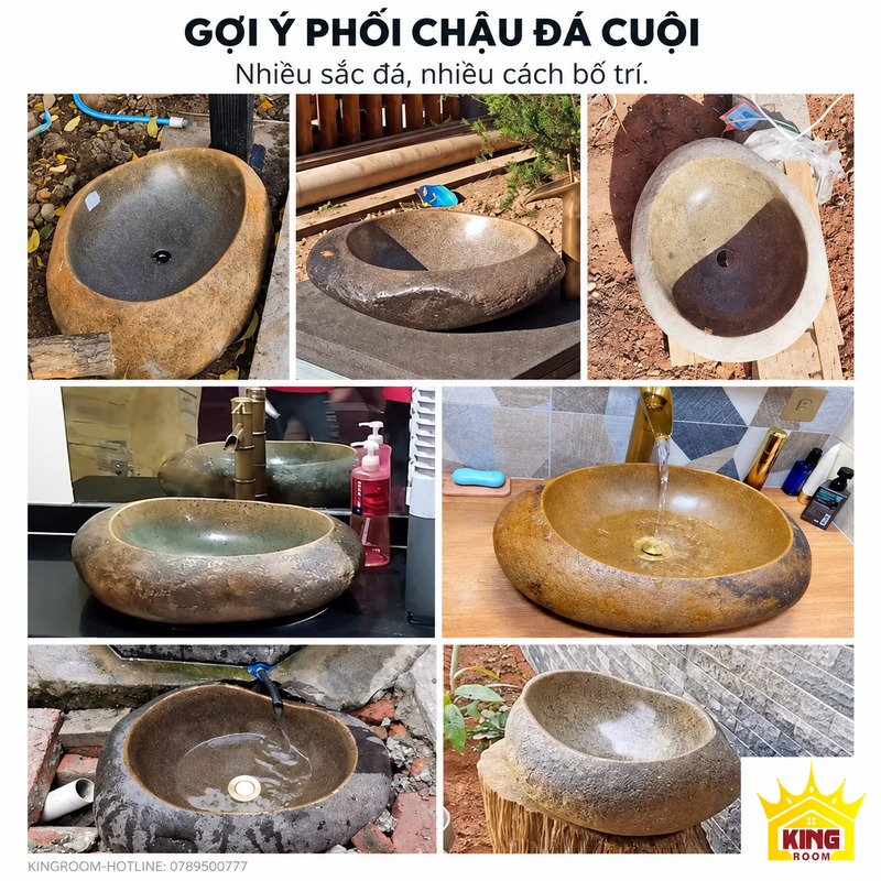 Ảnh ghép các chậu đá cuội có tông đá và cách bố trí trên mặt kê khác nhau