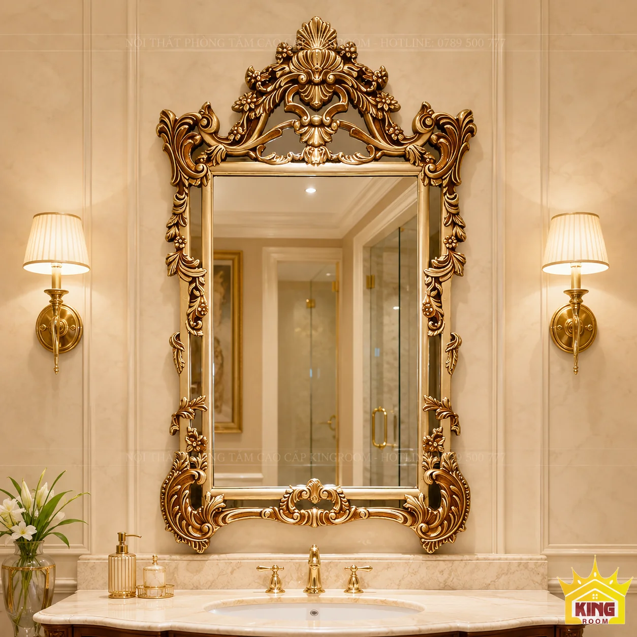 Gương cổ điển chữ nhật phối tủ lavabo và vòi màu vàng Gương cổ điển chữ nhật phối tủ lavabo và vòi màu vàng