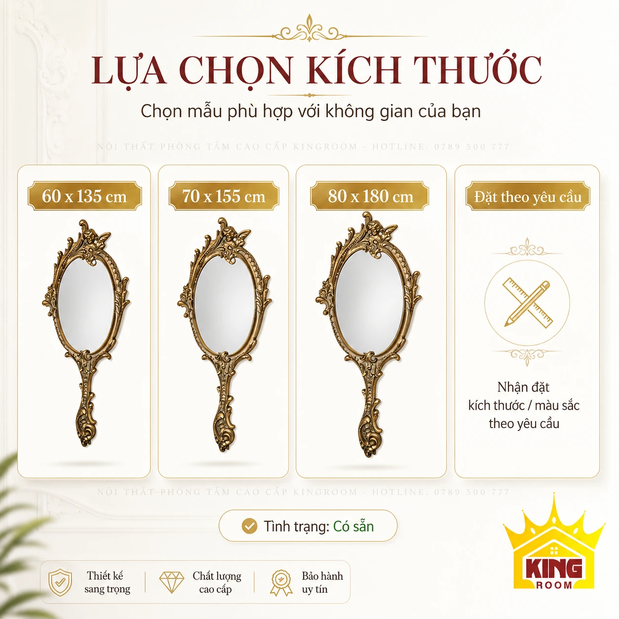 Kích thước gương oval 60×135, 70×155, 80×180 cm Bảng kích thước gương oval khung vàng đồng: 60×135, 70×155, 80×180 cm và đặt theo yêu cầu