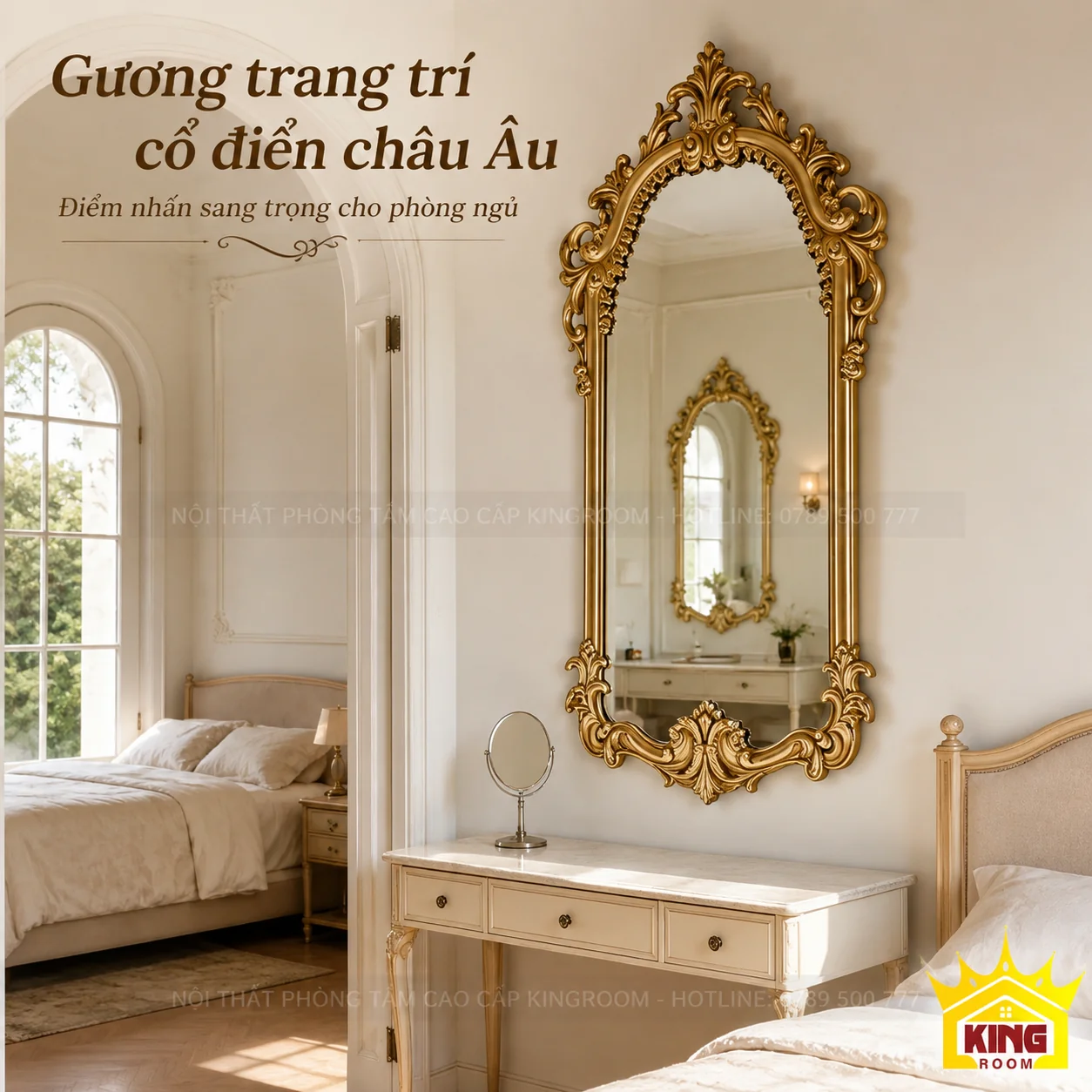 Gương treo tường cổ điển màu vàng đồng trên góc bàn phòng ngủ Gương treo tường cổ điển màu vàng đồng trên góc bàn phòng ngủ