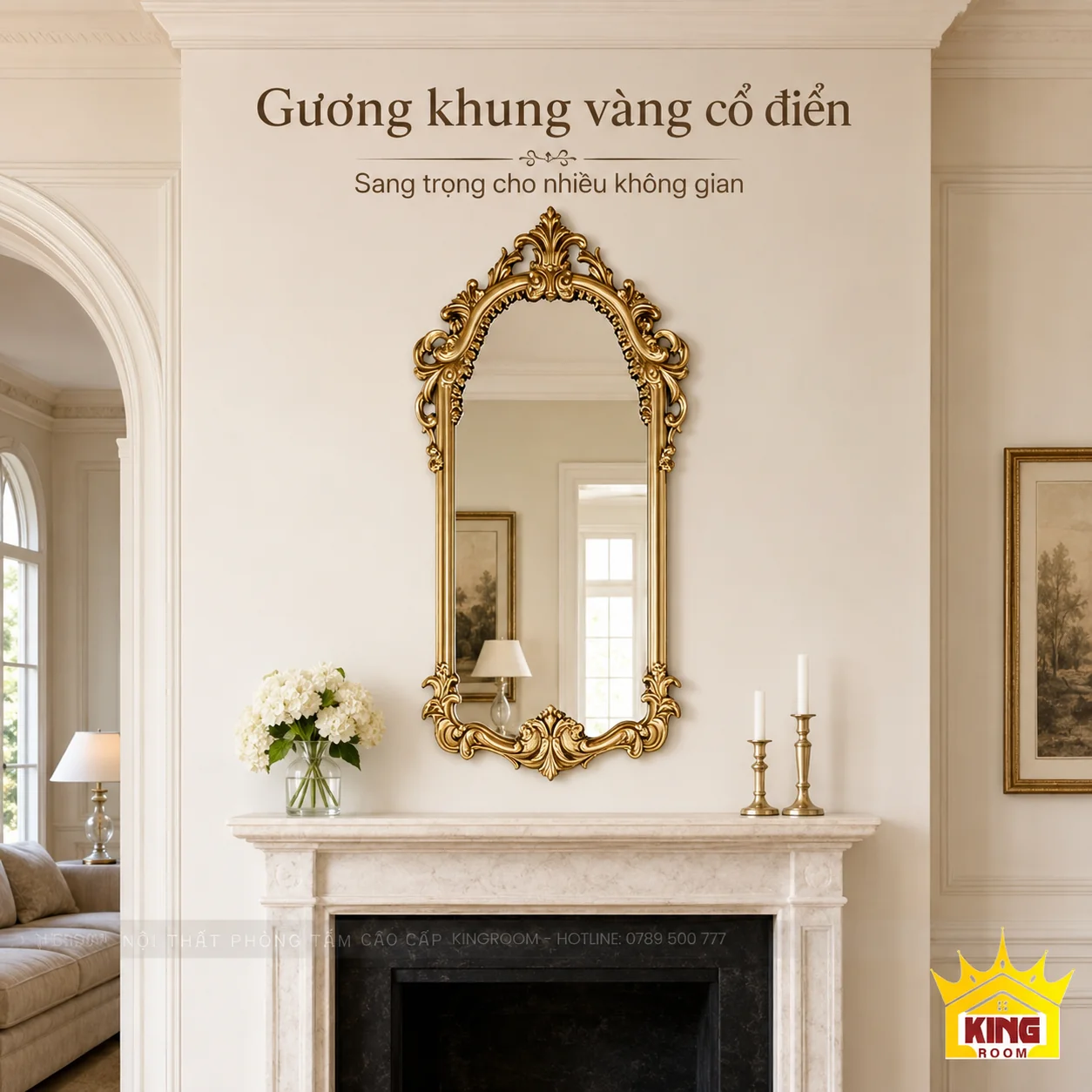 Gương khung vàng đồng treo trên lò sưởi sáng màu Gương khung vàng đồng treo trên lò sưởi sáng màu