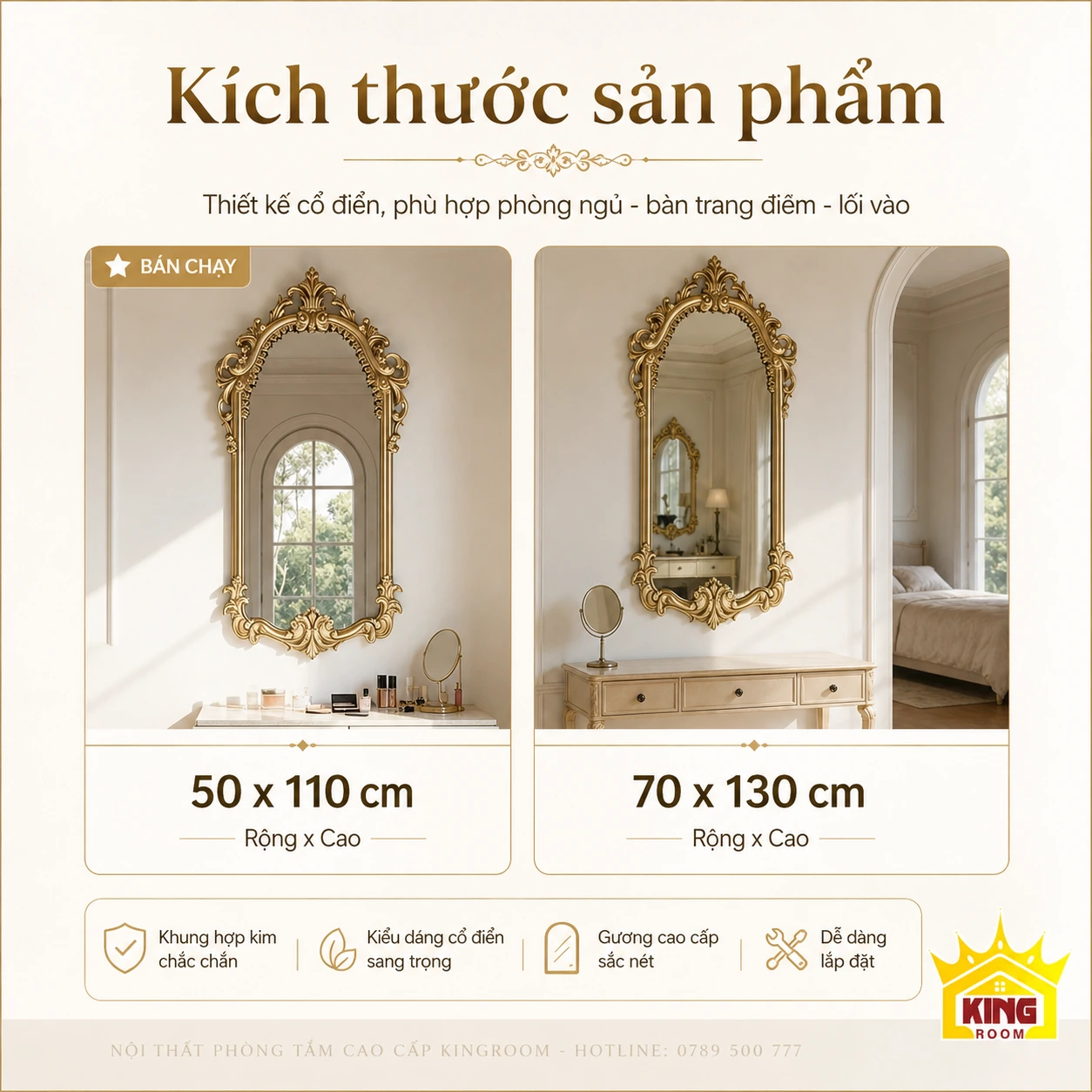 Thông số gương cổ điển vàng đồng 50×110 và 70×130 cm Thông số gương cổ điển vàng đồng 50×110 và 70×130 cm