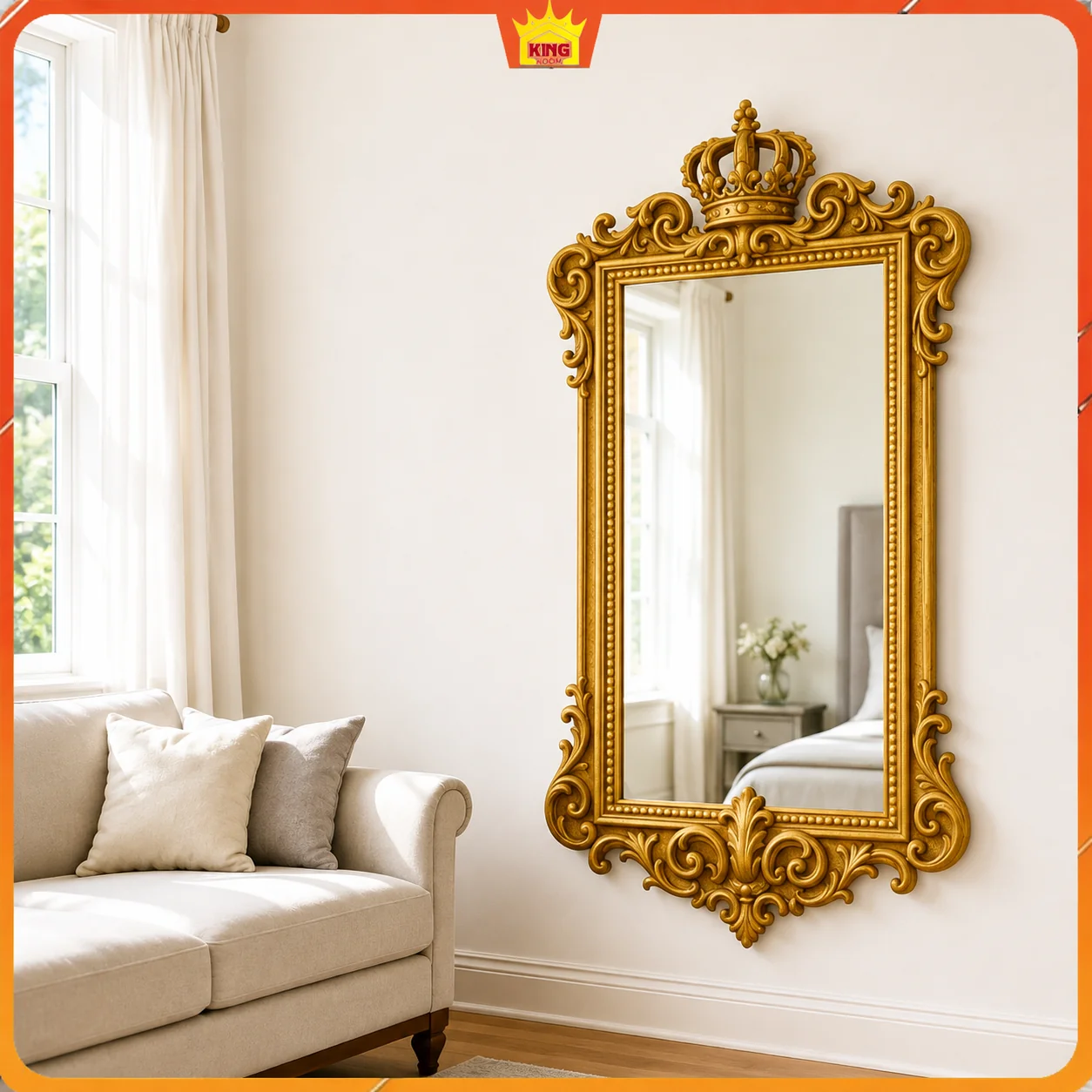 Gương tân cổ điển chữ nhật vàng trên tường cạnh sofa kem