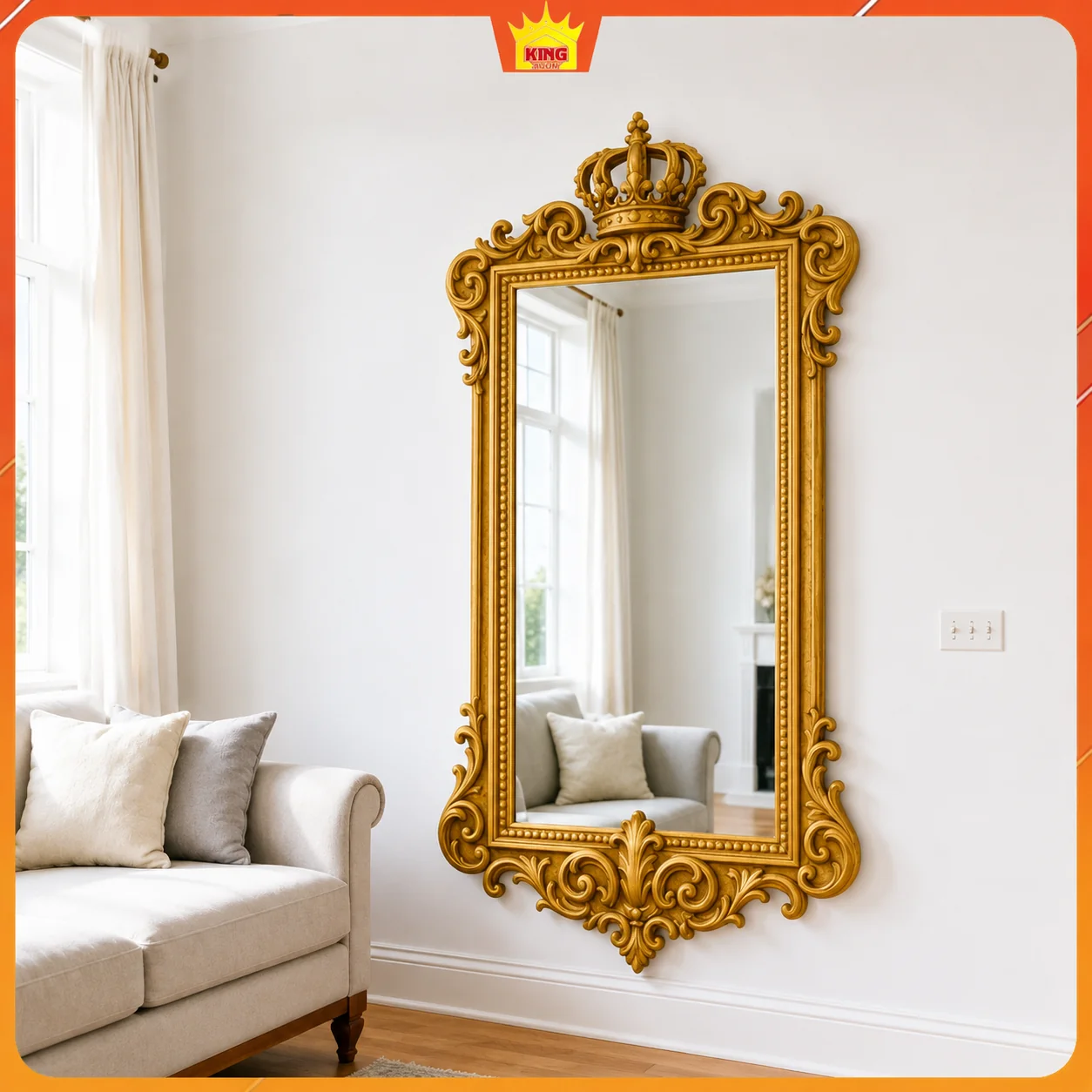 Gương khung vàng chữ nhật treo bên sofa và tủ thấp