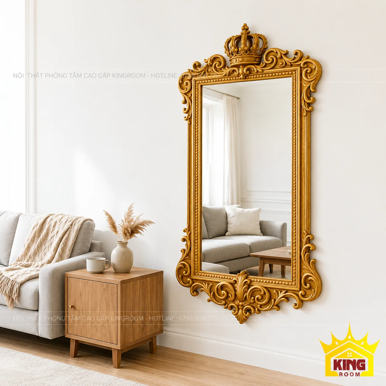 Gương chữ nhật khung vàng phối sofa kem và tủ thấp Gương chữ nhật khung vàng phối sofa kem và tủ thấp