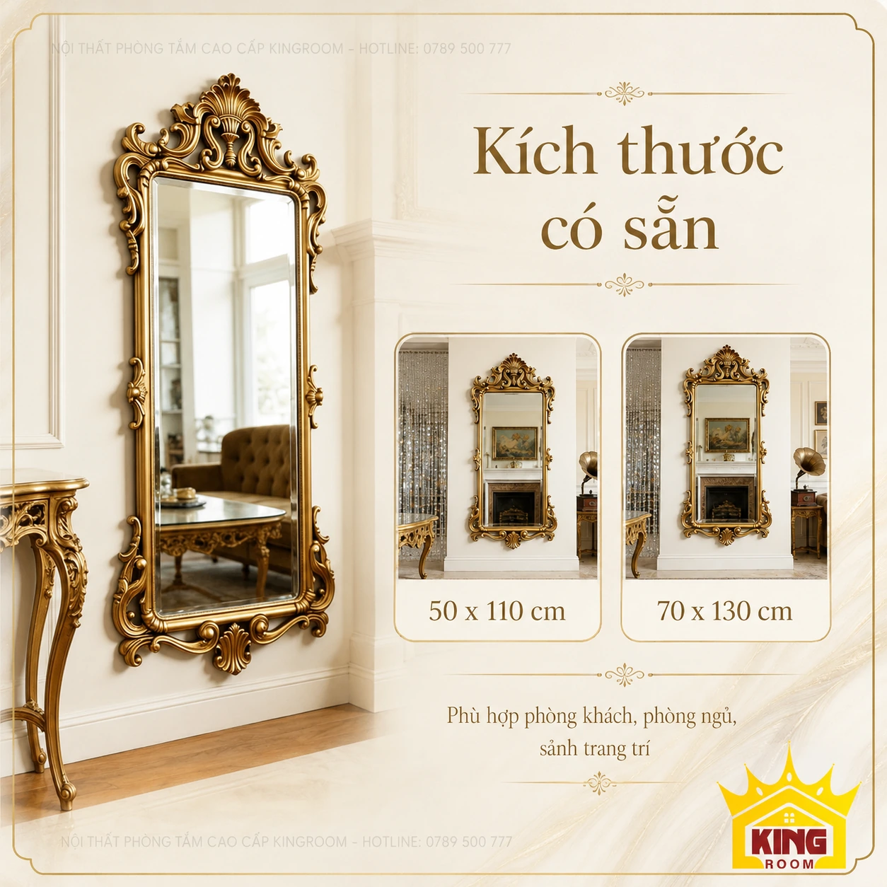 Bảng cỡ gương tân cổ điển khung vàng 50×110 và 70×130 cm Bảng cỡ gương tân cổ điển khung vàng 50×110 và 70×130 cm