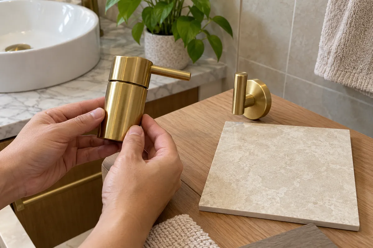 Đối chiếu màu hoàn thiện của vòi và phụ kiện cạnh mẫu gạch