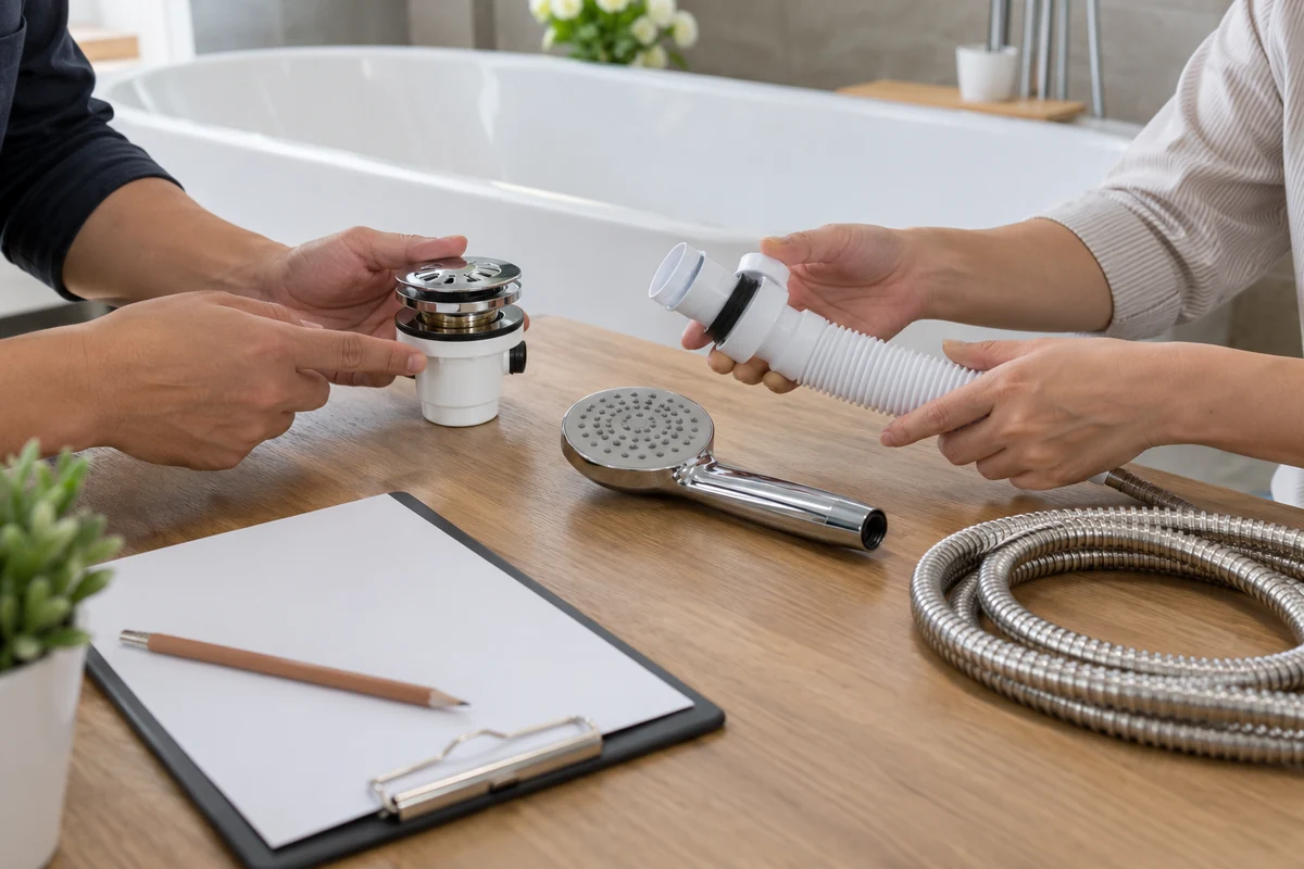 Minh họa đối chiếu bộ xả, vòi và phụ kiện riêng trong báo giá
