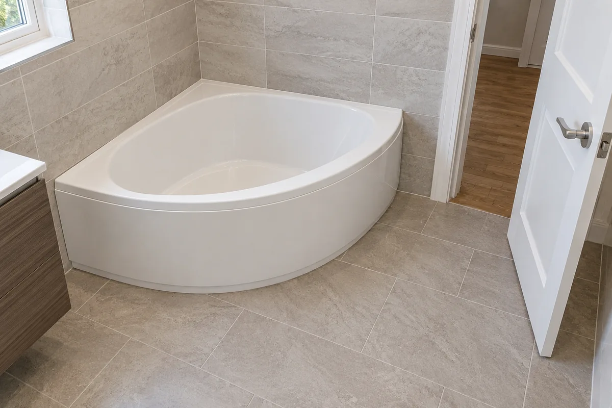 Minh họa bồn góc và khoảng sàn phía trước để đi lại